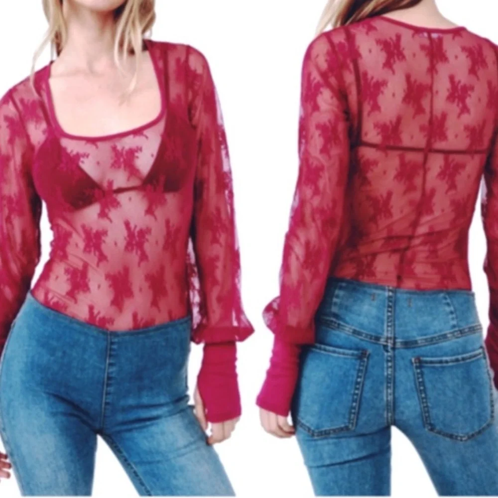 FREE PEOPLE U INTO THIS LONG SLEEVE SHEER LACE TOP MEDIUM PINK RUBY